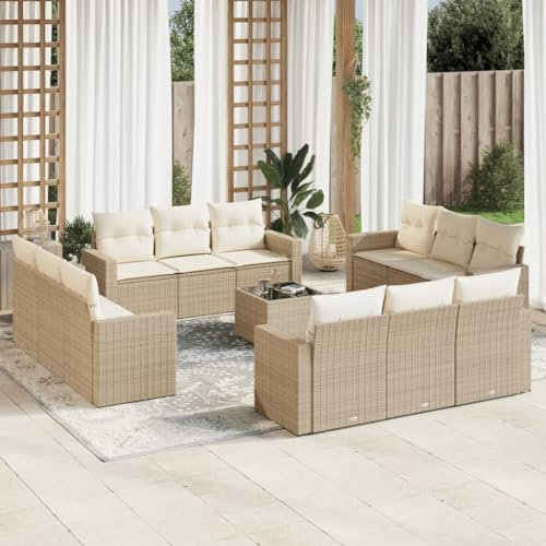 Rantry 13-TLG. Garten Sofagarnitur mit Kissen Gartensofa mit Stauraum Gartenlounge Balkonmöbel Gartenmöbel Loungesofa Rattansofa Ecksofa Sitzgruppe mit Gartentisch Gartenset Beige Poly Rattan