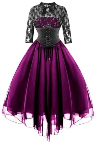 Vestido Midi de Talla Grande para Mujer, Vestido de Fiesta Elegante con Panel de Malla Negro, Manga Acampanada Transparente, Fucsia-S