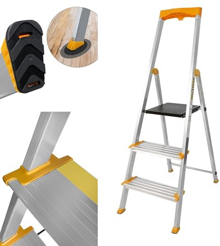 DRABEST Escalera de Tijera Plegable de 3 peldaños - Escalera de Aluminio - Robusta Escalera Plegable con repisa y peldaños Anchos - 120 mm - Escalera para Uso doméstico y Profesional - hasta 150 kg