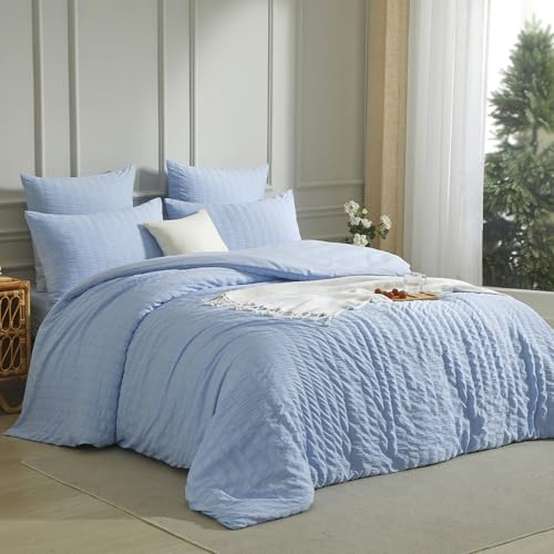 Luofanfei Seersucker Unie - Juego de cama (240 x 260 cm, microfibra, 2 fundas de almohada de 65 x 65 cm), color azul claro
