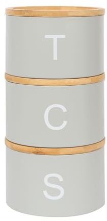 Harbour Housewares Stackable Tea Coffee Sugar Canisters with Bamboo Lids - Grey - Stacking 3pc Tea Coffee and Sugar Canisters Set Airtight Kitchen Organiser Food Storage Jars