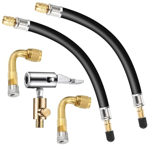 Z-oneMart 5 Pcs Tire Valve Extension, 8.25 Inch Flexible Valve Stem Extenders, 90 Degree Brass Tire Valve Extension Adaptors with Tire Inflator Hose Adapter Compatible for RV Bike Motorcycle Car