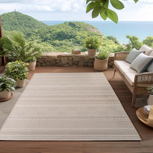 HomebyHome Outdoor Teppich Beige 160x230 cm Wetterfest UV-beständig Pflegeleicht Skandinavisches Boho Design für Küche Balkon Terrasse Garten Wohnzimmer