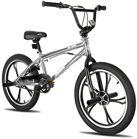 HILAND Vélo BMX 20 Pouces, 5 Rayons, Rotor 360°, Freestyle, 4 pegs, Convient aux Jeunes pour l'entraînement et Les Cascades, Argent