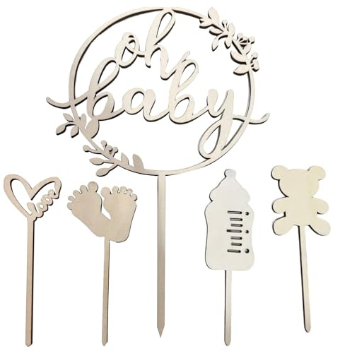 5 Stück Oh Baby Cake Topper,Holz Oh Baby Deko Tortendeko,Kuchen Topper Babyparty Tortendeko Cake Topper Holz,Kuchenstecker für Junge Mädchen Babys Shower Eine Windeltorte Gender Reveal Partydeko
