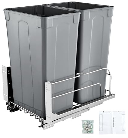 VEVOR Poubelle Coulissante sous Évier et sous Plan 2x43,4 L, Collecteur de Déchets avec Système Coulissant en Métal à Fermeture Douce, Système de Tri Sélectif Placard Meuble Bas, Cuisine, Gris