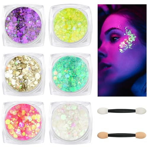 BUTBU Fluorescente Paillettes, 6 Colori Gel Glitter per Corpo, Fluoreszierendes Glitzer, Brillantini Make Up Gel per Corpo, Labbra, Trucco, Mascherata, Halloween, Natale, Musicali Feste