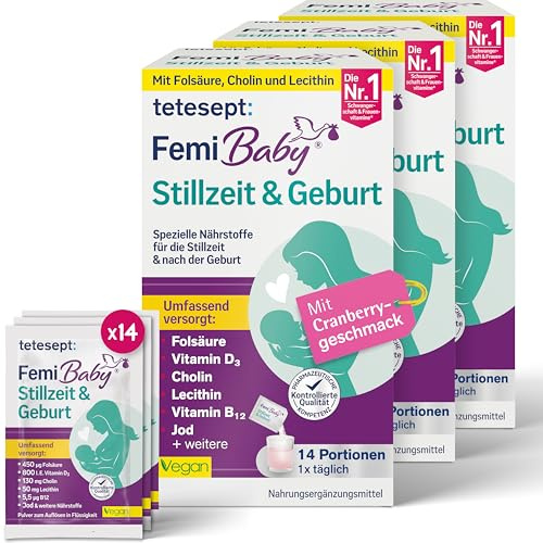tetesept Femi Baby Stillzeit & Geburt, Sachets, 3 x 14 Stück | Folsäure, Vitamin D & B, Cholin, Lecithin, Zink, vegan, glutenfrei, laktosefrei, zuckerfrei