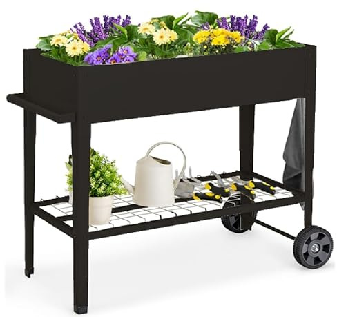RELAX4LIFE Hochbeet mit Rädern & Regal, Erhöhtes Gartenbeet mit Haken & Griff, Gemüsebeet Metall, Mobiler Pflanzkasten mit Abfluss, Kräuterbeet für Balkon Garten Terrasse, 108 × 51 × 80 cm, Schwarz