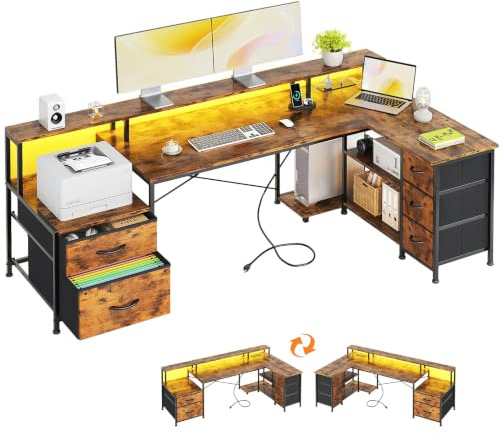 VERMESS L Shaped Desk with 5 Fabric Drawer, 74 Computer Corner Desk with Power Outlet, Home Office Table with Storage Shelves & File Drawer, Gaming Desk with Led Lights, Wooden Board, Vintage