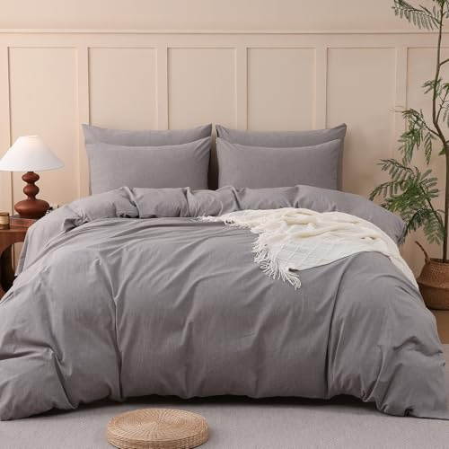 VireoForm Queen Duvet Cover Set 3 Piece 100% Washed Cotton Linen Blend Soft Breathable All Season Bedding Set with Corner Ties & Hidden Zipper