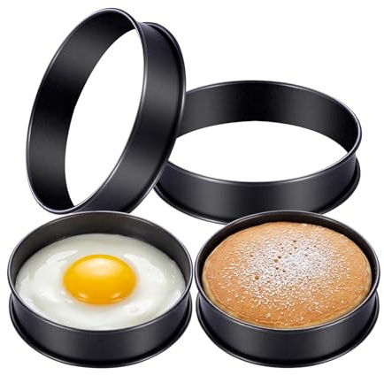 Set of 4 Non-Stick Crumpet Rings, 9.5cm Stainless Steel Fried Egg Ring, Oven Safe English Muffin Pancake Moulds, Leak-Proof Circular Cooking Rings for Breakfast, Crumpets, Donuts, Muffins & Baking