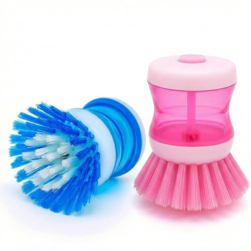 2 Pack Washing Up Brush with Liquid Dispenser - Refillable Palm Scrub Soap Dispensing Dish Brush for Kitchen, Pots, Pans & Dishwashing