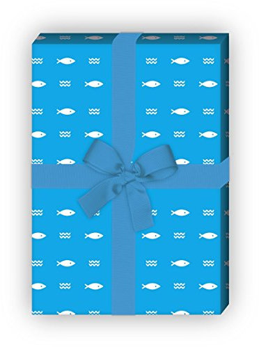 Grafisch reduziertes Geschenkpapier Set (4 Bogen) Dekorpapier mit Fischen und Wellen für tolle Geschenk Verpackung zur Taufe, Geburt, Ostern, Geburtstag, Hochzeit, Weihnachten (32 x 48cm), blau