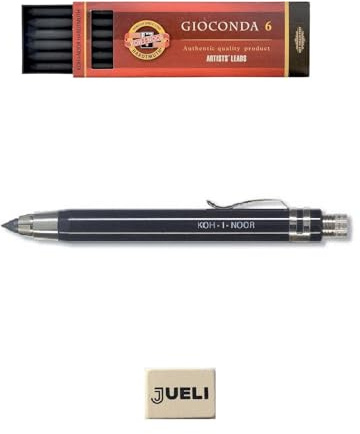 Koh-I-Noor Druckbleistift/Drehbleistift, ganz aus Metall, 5,6 mm, mit Spitzer, 5359 + KOH-I-NOOR Graphitmine, Minenstärke 5.6mm, für Druckbleistift in 120mm Länge, Härtegrad 6B + Radiere Jueli