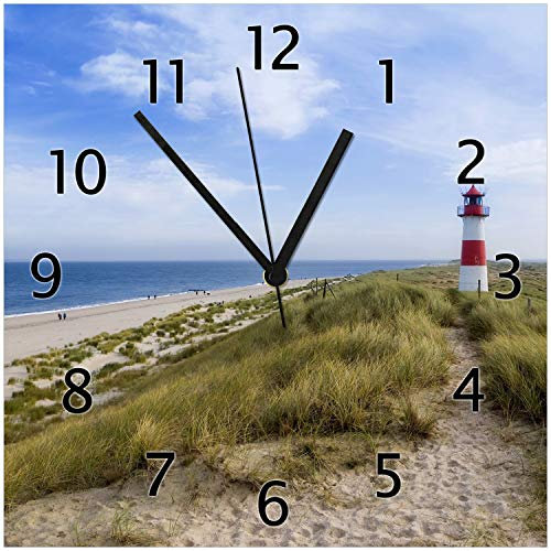 Wallario Design-Wanduhr Am Strand von Sylt Leuchtturm auf der Düne Panorama aus Glas, Motiv-Uhr Größe 30 x 30 cm, Schwarze Zeiger