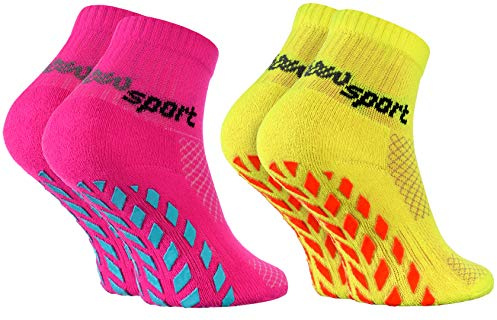 Rainbow Socks - Niñas Niños Calcetines Antideslizantes de Deporte - 2 Pares - Rosa Amarillo - Talla 24-29