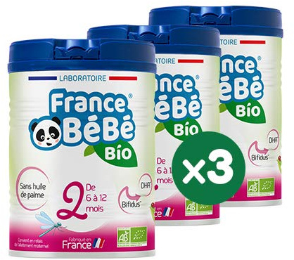 FRANCE BéBé BIO - Lait infantile de suite bébé 2ème âge en poudre - Lait fabriqué en France - OMEGA 3 - SANS HUILE DE PALME - BIFIDUS - Pack 3 boîtes de 800g