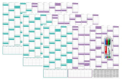 3er Set Schuljahreskalender 2026/2027 DIN B1 700 x 1000 mm, nass abwischbar matt, inkl. Stifteset, gerollt, August 2026 bis August 2027, Wandkalender Schulkalender