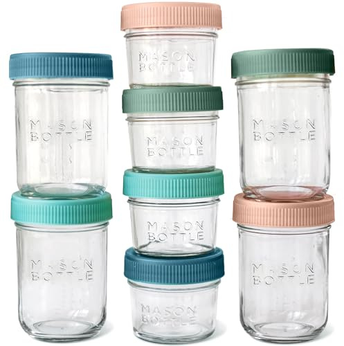 Mason Bottle Breast Milk Storage Jars (4oz & 8oz, 8-Pack) – Reusable Glass Baby Food Containers with Lid for Baby Formula & Breastmilk – Airtight, Stackable, Freezable (Deep Ocean)