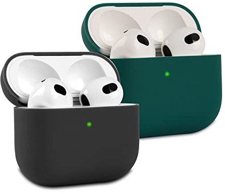 2 Pezzi KOKOKA Custodia in Silicone Compatibile con AirPods Terza Generazione, Case Cover Protettiva Ultra Sottile in Premium Silicone per Airpods 3 Custodia, LED Frontale Visibile, Nero/Dark Green