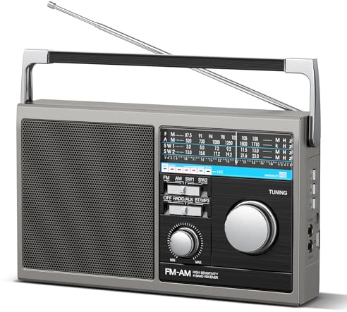 Portable AM FM Radio, Shortwave Transistor Radio with Best Reception, Battery Operated or AC Power Retro with Big Bluetooth Speaker, Earphone Jack USB TF Card AUX Input, for Senior(Gray)