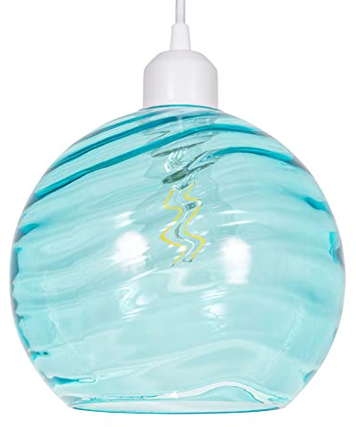 Modern Designer Soft Teal Circular Ribbed Glass Non Electric Pendant Lamp Shade | 40w Maximum | 20cm Diameter | Spherical Shape Wavy Design by Happy Homewares