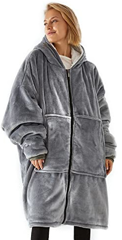 Coperta con cappuccio XXL - Plaid con maniche, Coperta indossabile in pile, Felpa oversize donna, Blanket hoodie - Confortevole e morbido - Perfetto per le notti invernali sul divano (Grigio claro)