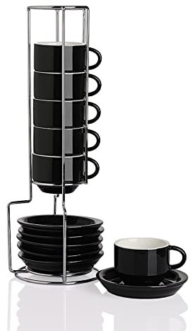 Sweejar Home Porcelain Espresso Cup & Saucer Set, Stackable Demitasse Cups with Metal Stand, 70 ml for Latte,Coffee,Cafe Mocha,Tea, Set of 6 (Black)