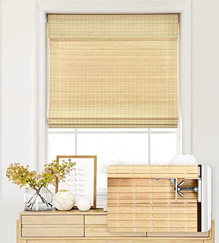 LazBlinds No Tools No Drill Cordless Bamboo Roman Shades, Privacy Window Treatment, Roll Up Bamboo Blinds for Windows 35'' W x 64'' H, Natural