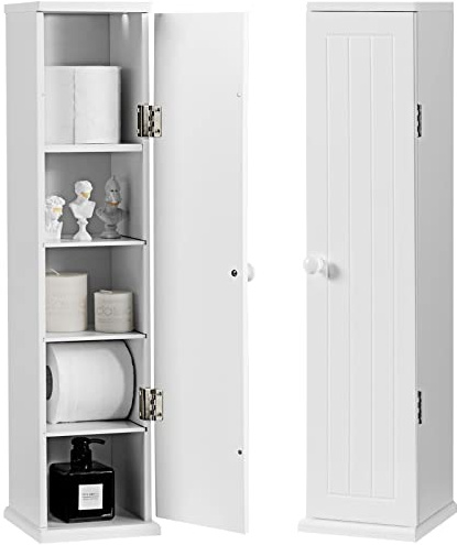 GIANTEX Freistehend Toilettenpapier Schrank weiß, Toilettenschrank Toilettenpapierhalter mit 5 Fächern & 3 abnehmbaren Regalen & Taschentuchbox, Badezimmerschrank Badschrank Standschrank Seitenschrank