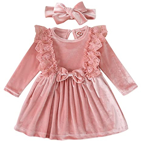 Abito da principessa in velluto per bambina, a maniche lunghe, con fascia in pizzo, per matrimoni, feste, autunno e inverno, Rosa, 12-18 Mesi