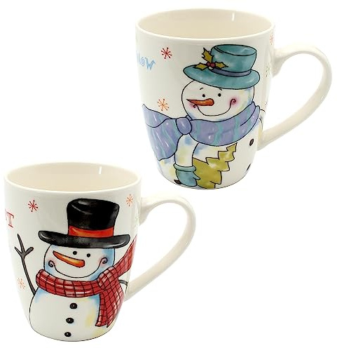 Dekohelden24 Porzellan Weihnachts-Tassen/Becher in Weiß - Schneemänner mit Hut - als 2er Set, Größe H/Ø ca. 10 x 8 cm, Fassungsvermögen ca. 300 ml, spülmaschinenfest