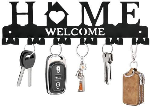 HOMEBROS Key Holder Wall Mount, Adhesive Metal Key Hanger with 6 Double Hooks, 2 Installation Methods, Black