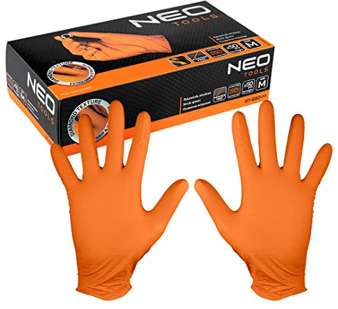 NEO TOOLS Nitrilhandschuhe, orange, 50 Stück, Größen M-XL; orange; durchstichfest; puderfrei, wasserdicht und antiallergisch; Arbeiten in Landwirtschaft, Labor, Industrie; wendbar (M)