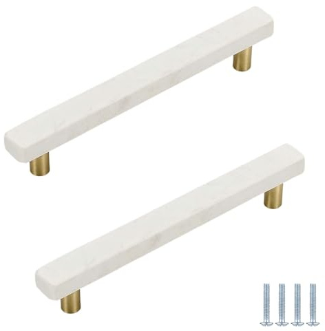PILYON Schubladenknopf 2 Stück Marmor-Messinggriff,Quadratisch,Schwarzer Kristall,Für Schrank,Kleiderschrank,Tür,Schublade,Schrank,Türknauf,Weiß,160mm