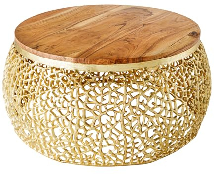 Couchtisch ABSTRACT LEAF - 75cm - Akazienholz - gold Beistelltisch | Massiv, montiert geliefert, handgefertigtes Unikat, abnehmbarer Bezug, pflegeleichte Oberfläche, hochwertige Metalloptik