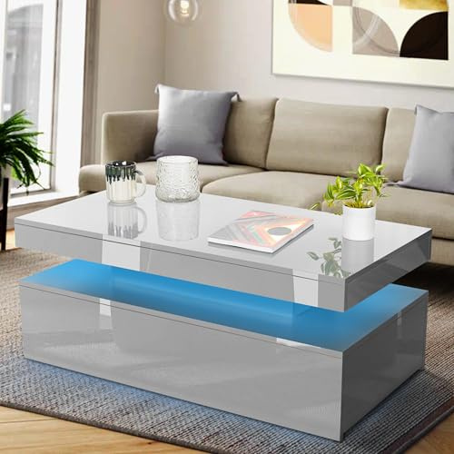 Blisswood Led Coffee Table With 2 Drawer Storage, High Gloss Coffee Table For Living Room Wooden Centre Table With RGB Led Lights Rectangle Tea Table For Living Room Furniture (Grey)