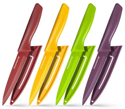 Schälmesser mit Schutzhülle, Schälmesserset mit 4 Stück, 11cm Schälmesserset aus hochwertigem Edelstahl, kleines Küchenmesserset für Obst und Gemüse, ergonomische Messergriffe für Vielseitigkeit