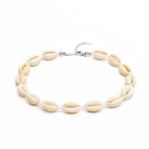 BERGERLIN Muschelkette für Damen und Herren - Mit vergoldetem Verschluss und Echtheitszertifizierung - Muschel Halskette, Muschel Choker (M-L, Weiss)