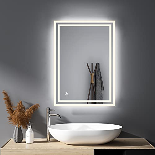HY-RWML Badspiegel mit Beleuchtung 40x60cm 3 Lichtfarbe Touch Schalter Rechteckiger Wandspiegel Kaltweiß Warmweißes Badezimmerspiegel 6500K für Badezimmer Wohnzimmer