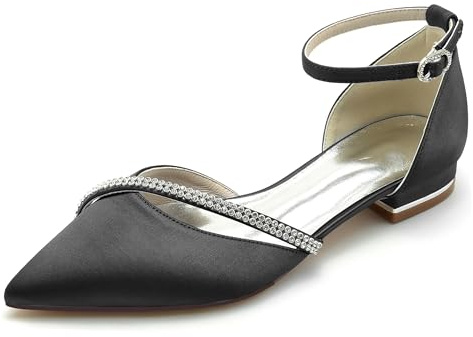Hanfike JY283 Chaussures de mariée élégantes à talons plats pour filles et femmes avec sangle de cheville et bout pointu ornées de strass, Noir , 40.5 EU