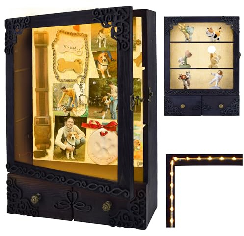 KWYADLUO 11x16 Shadow Box Frame with Light, Memorial Display Case with Shelves, Drawer and Slot for Keepsakes, Deep Memorial Shadow Box for Pet Memorial, Dog Keepsakes Graduation and Flowers, Black
