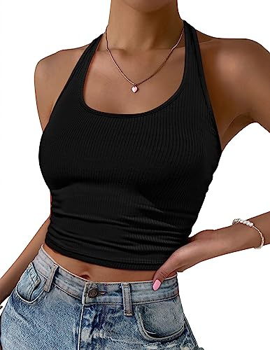 Ekouaer Debardeur Femme Crop Top Chic Et Élégant Ete Mode Dos Nu Sport Top Femme Côtelé Tricoté Debardeur, Noir, S