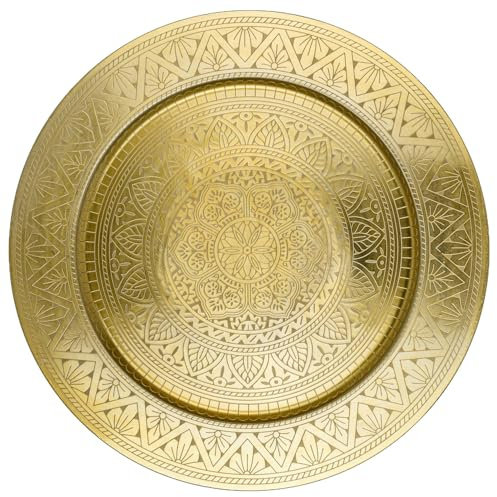 Marrakesch Orientalische Boho Deko Tablett Serviertablett aus Metall 50 cm | Kerzentablett Manar in Gold als Tischdeko für Küche & Wohnzimmer | Vintage Frühstückstablett rund für Schlafzimmer