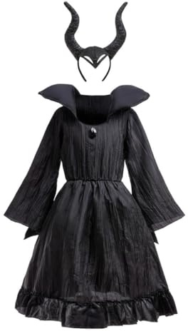 Lito Angels Maleficent Karneval Kostüm Kleid Verkleidung mit Hörner Haarreif für Kinder Mädchen Größe 5-10 Jahre, Schwarz