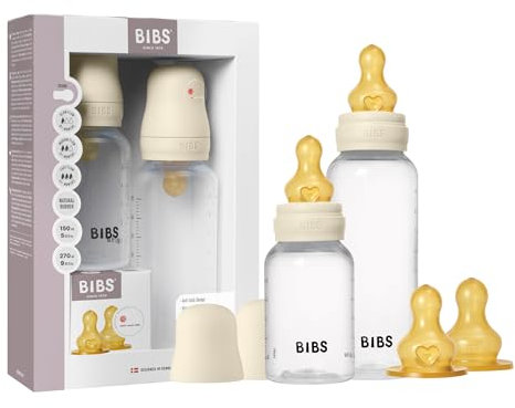 BIBS Baby Bottle Grow & Flow Starter Kit Natural Rubber Latex - Anti-Colic, BPA-Free, Round Nipple, Slow/Medium/Fast Flow, Lightweight & Easy to Clean, Suitable for Newborns 0+ Years - Ivory