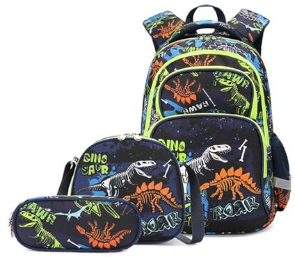 Handtaschen Rucksack Wasserdicht Damen 3-teiliges Dinosaurier-Rucksack-Set für mit Lunchbox, Federmäppchen, Schulranzen für Kinder, Grundschule, Vorschule, Handy Herren Schulranzen 5 (Green, One Size)