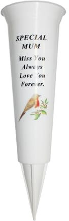 Plastic Flower Holders/Memorial Grave Vases Ornaments - Spike Flower Grave Vases for Grave Decoration with Engraved Funeral Verses for Your Loved Ones - White Spike With Robin Image (Mum)