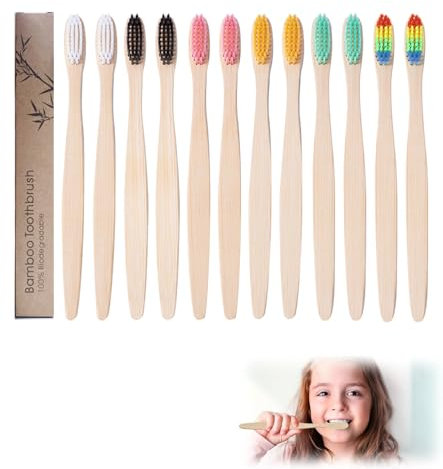 12PCS Bamboo Toothbrush Set With Medium Bristle - 6 Colors Natural Wooden Eco-Friendly Charcoal Design, Organic Biodegradable Handle, BPA Free Manual for Family Travel